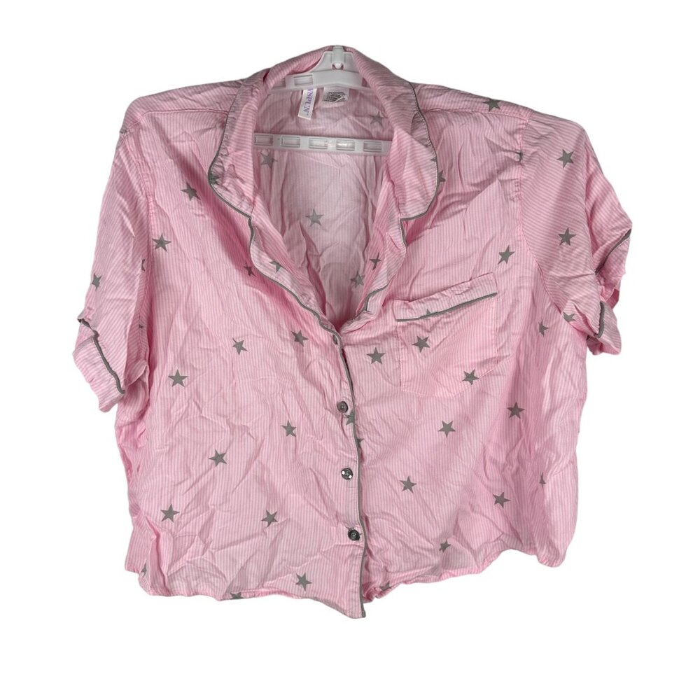 Joyspun Women's Pink Star Print Button-Down Pajama Shirt 2X